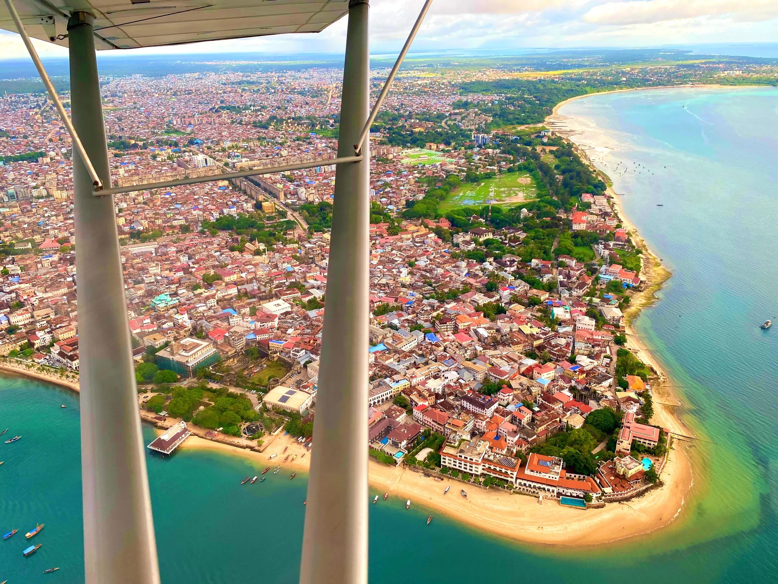 Aerial view of Stone Town, Zanzibar, seen from a ZRP light aircraft